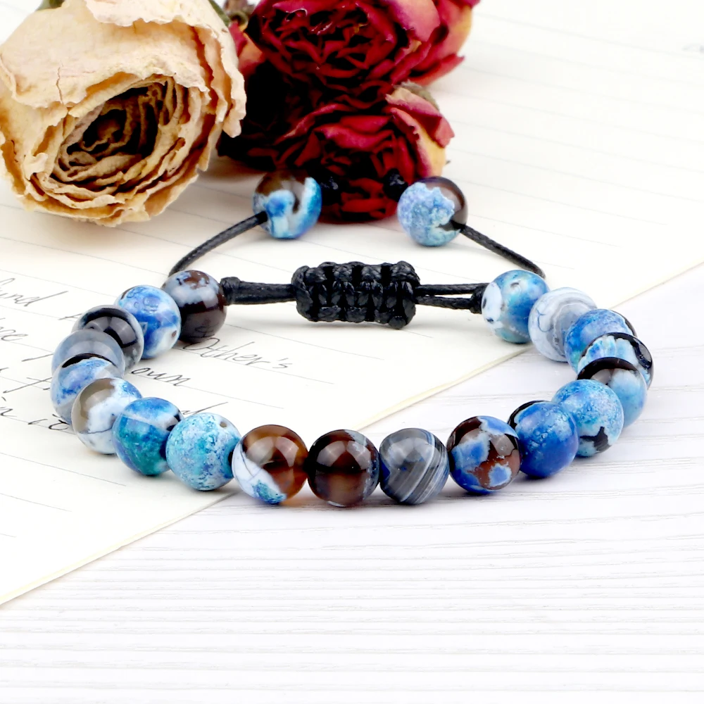 8mm Men Women Fire Agates Onyx Beads Bracelet Bangles Healing Natural Stone Chakra Prayer Charm Buddha Adjustable Jewelry Gifts