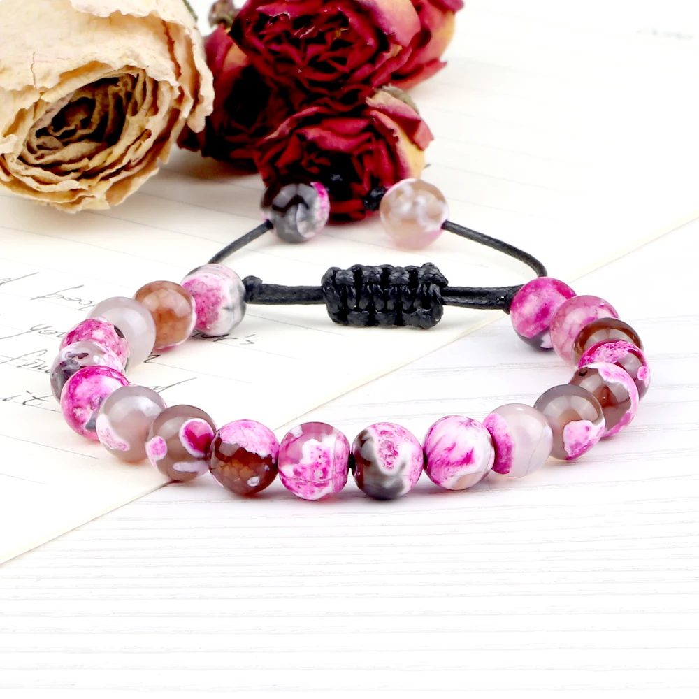 8mm Men Women Fire Agates Onyx Beads Bracelet Bangles Healing Natural Stone Chakra Prayer Charm Buddha Adjustable Jewelry Gifts