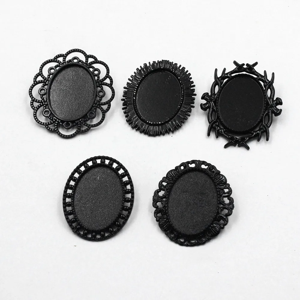 Fit 18x25mm Vintage Oval Cabochons Pattern Glass Black Blank Setting Bezel Base Brooch Settings For DIY Making 5pcs K06235