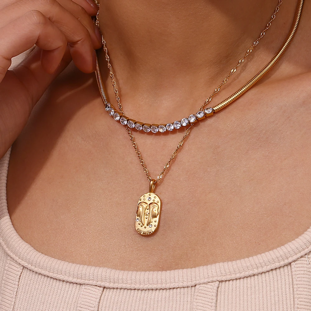 E.B.belle Trendy Personality Square Stainless Steel Pendant Embossment 12 Constellation Sign PVD Gold-plating Necklace For Women