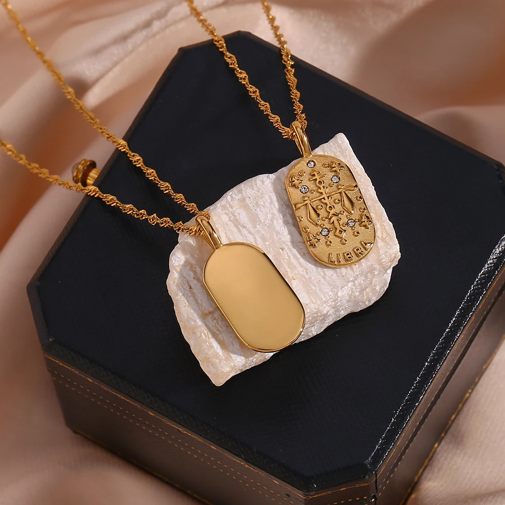 E.B.belle Trendy Personality Square Stainless Steel Pendant Embossment 12 Constellation Sign PVD Gold-plating Necklace For Women