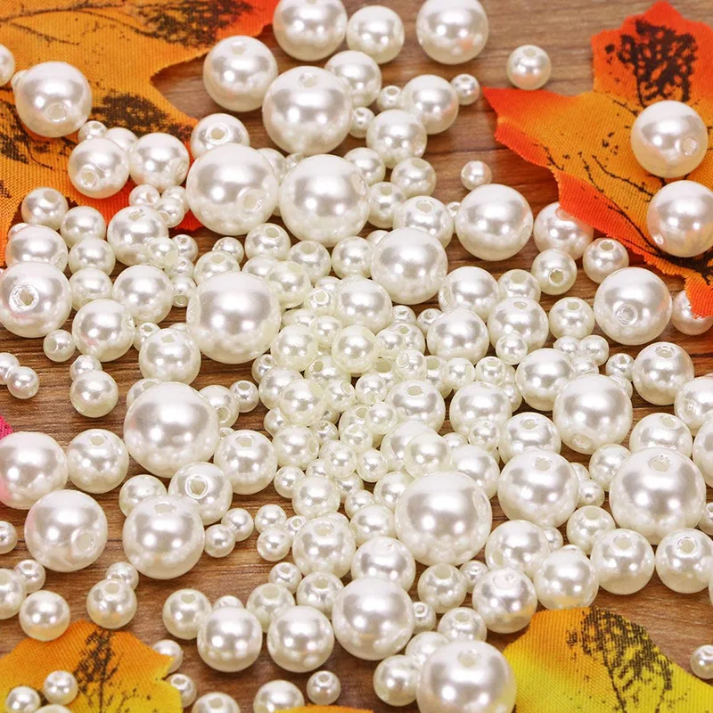 10-1000Pcs Imitation Pearl 3/4/6/8/10/12/14/16mm Straight Holes Beige Round Acrylic Loose Beads Pearl Spacer Beads DIY Craft