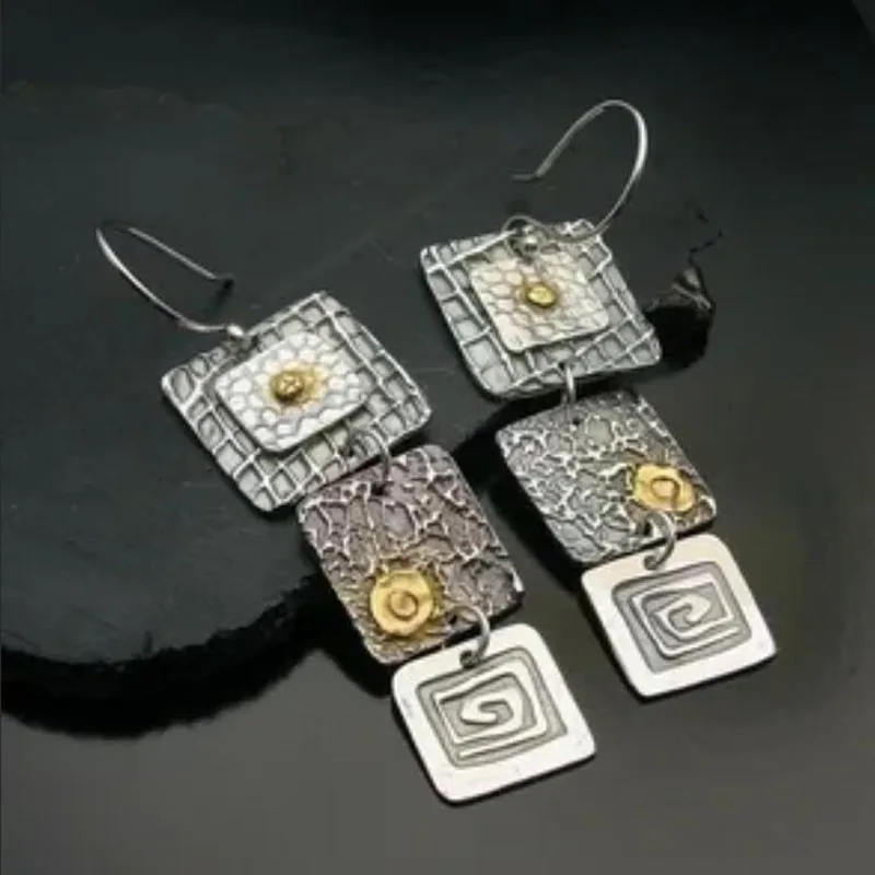 Punk Geometric Carved Square Dangle Earrings Women Tribal Jewelry Vintage Metal Handmade Long Hook Earrings Gift