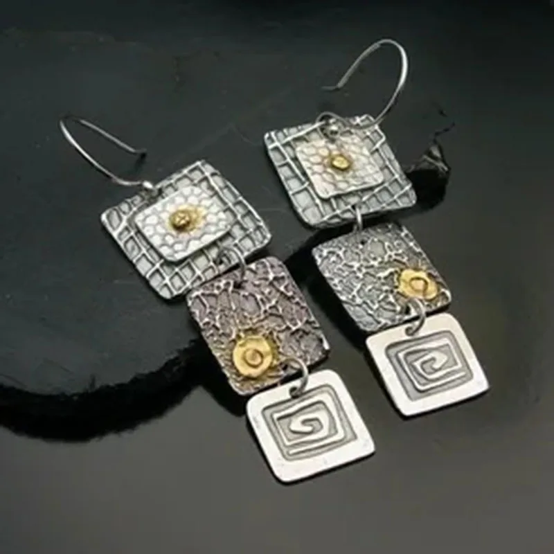 Punk Geometric Carved Square Dangle Earrings Women Tribal Jewelry Vintage Metal Handmade Long Hook Earrings Gift