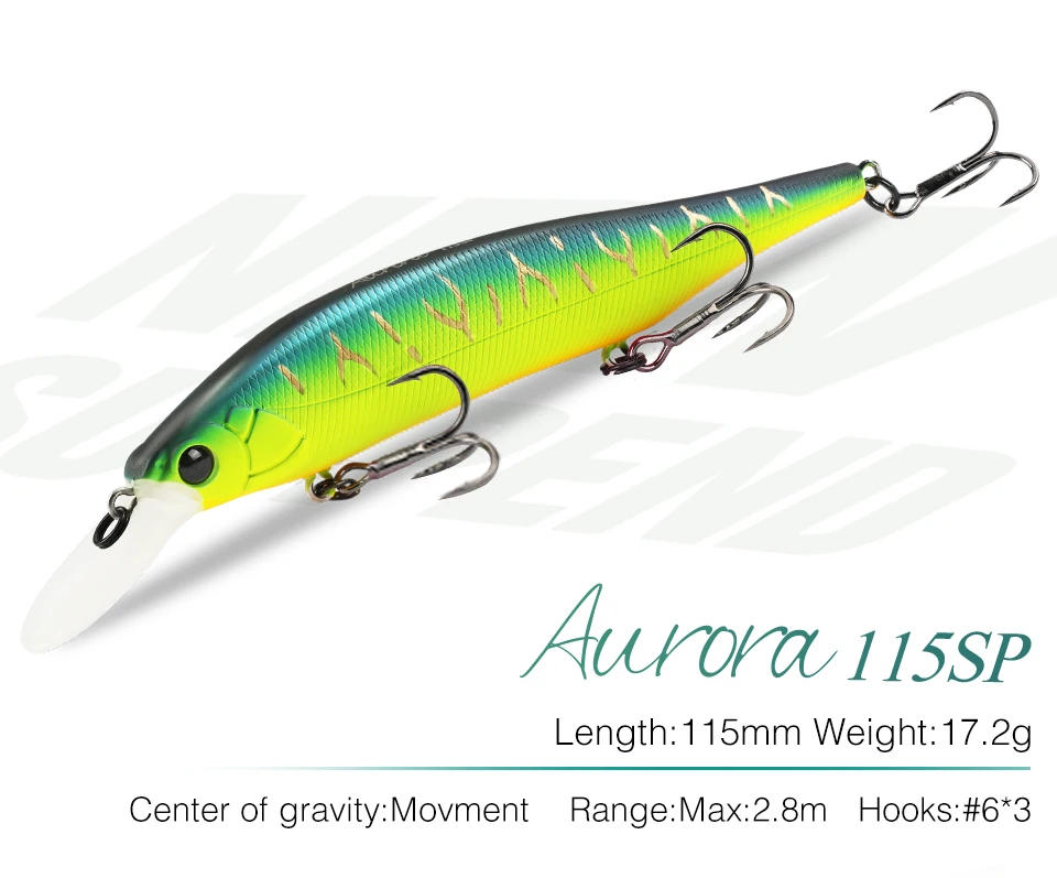 TSURINOYA 115SP Suspending Minnow Jerkbait AURORA 115mm 17.2g Artificial Weight System Hard Baits Long Casting Wobbler