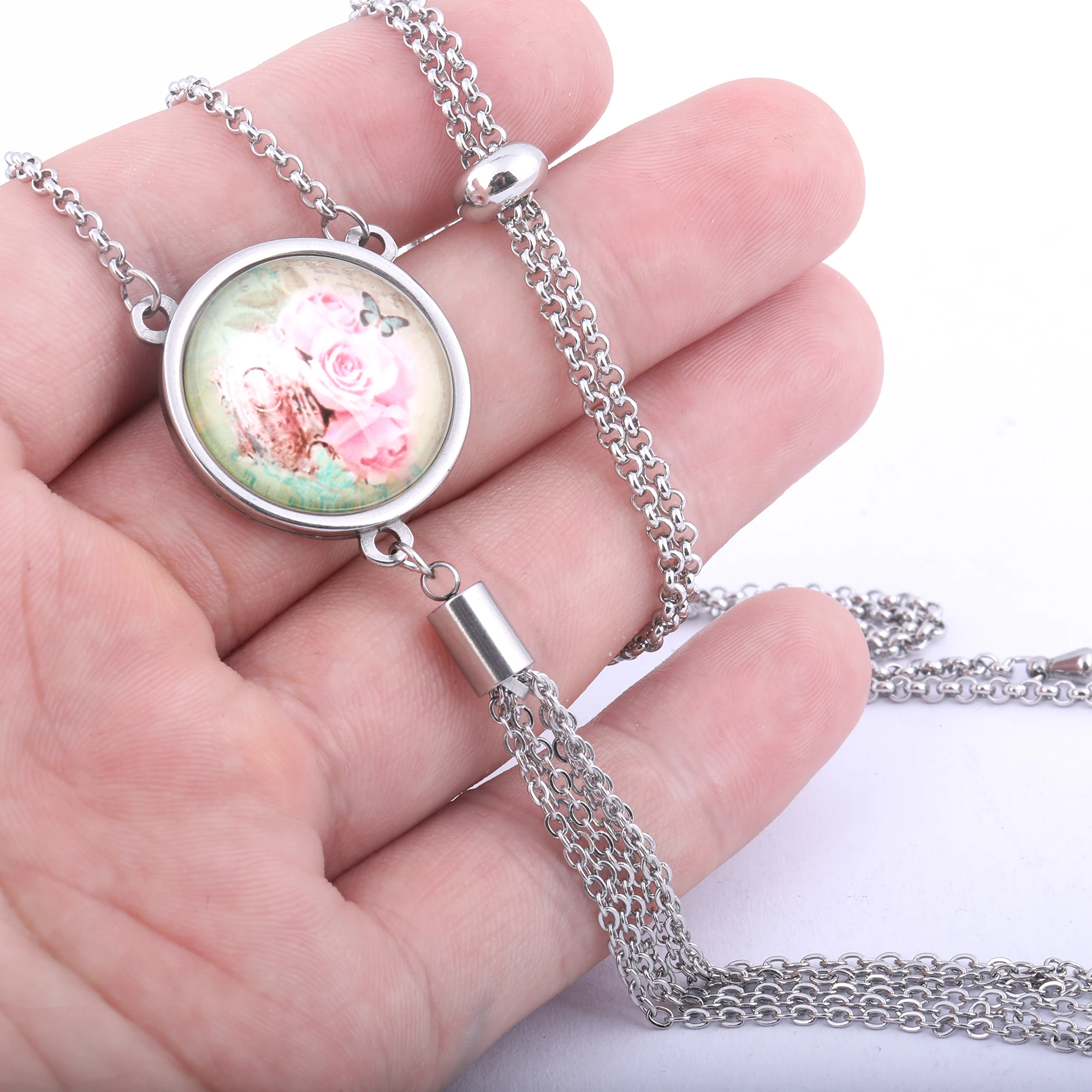 5pcs Stainless Steel Tassel Chain Necklace Bezel Blanks Fit 16mm 18mm 20mm 25mm Cabochon Pendant Base Setting Trays Diy Findings