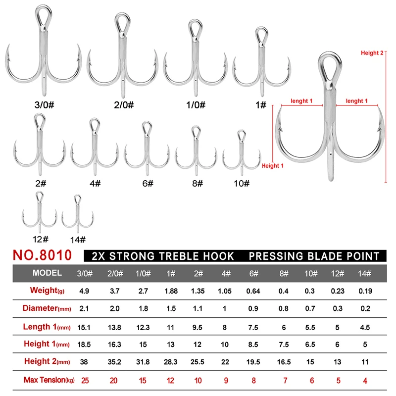 PROBEROS 10Pcs/lot Saltwater Fishing Hooks Treble Hooks 1#-2#-4#-6#-8#-10#-12#-14#-1/0#-2/0#-3/0# High-Carbon Steel Fishhooks