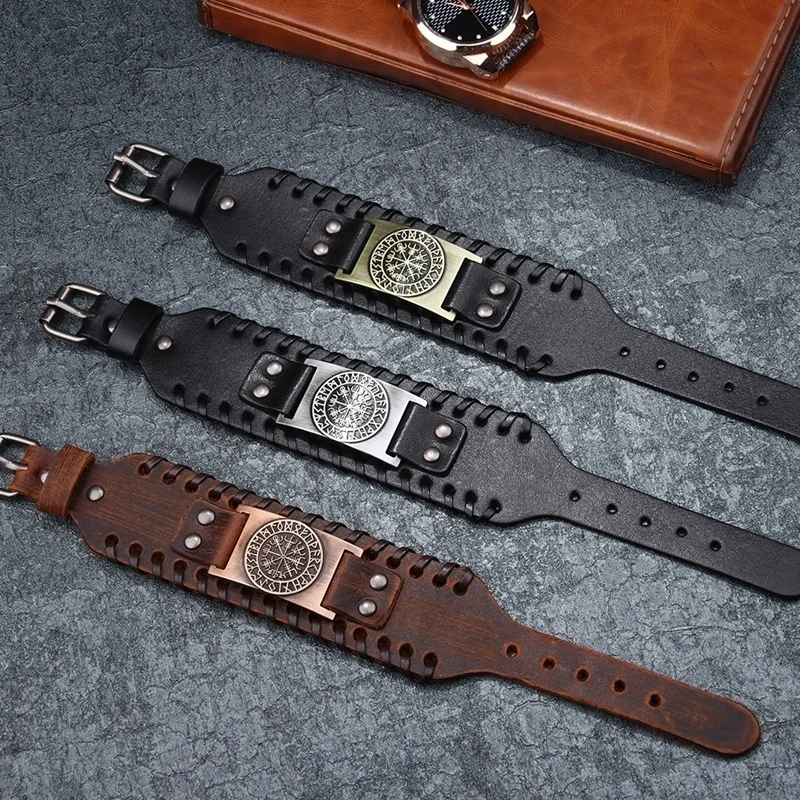 Retro Wide Leather Pirate Compass Bracelet for Men Celtic Viking Compass Bracelet Jewelry Male Accessories Gifts To Boyfriend