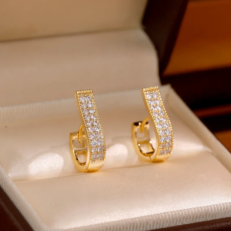 New Fashion Geometric Hoop Earrings For Women Two Row Crystal Zircon Stone Paved Tiny Huggies Female Trendy Earring Accessories