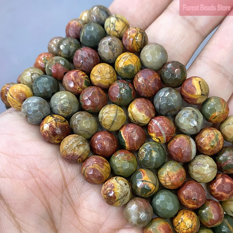 Natural Faceted Picasso Jaspers Round Loose Spacer Beads DIY Bracelets for Jewelry Making 15'' Inch 4/6/8/10/12mm