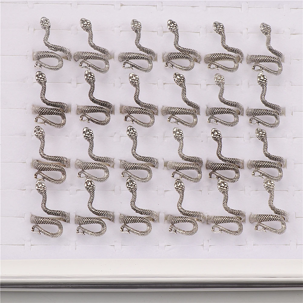 10pcs/lot Men Retro Punk Snake Rings For Women Antique Siver Color Opening Adjustable Jewelry Party Gifts