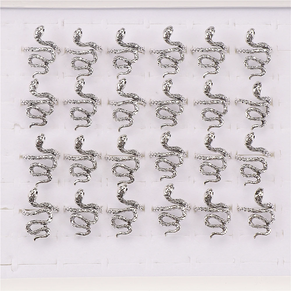 10pcs/lot Men Retro Punk Snake Rings For Women Antique Siver Color Opening Adjustable Jewelry Party Gifts
