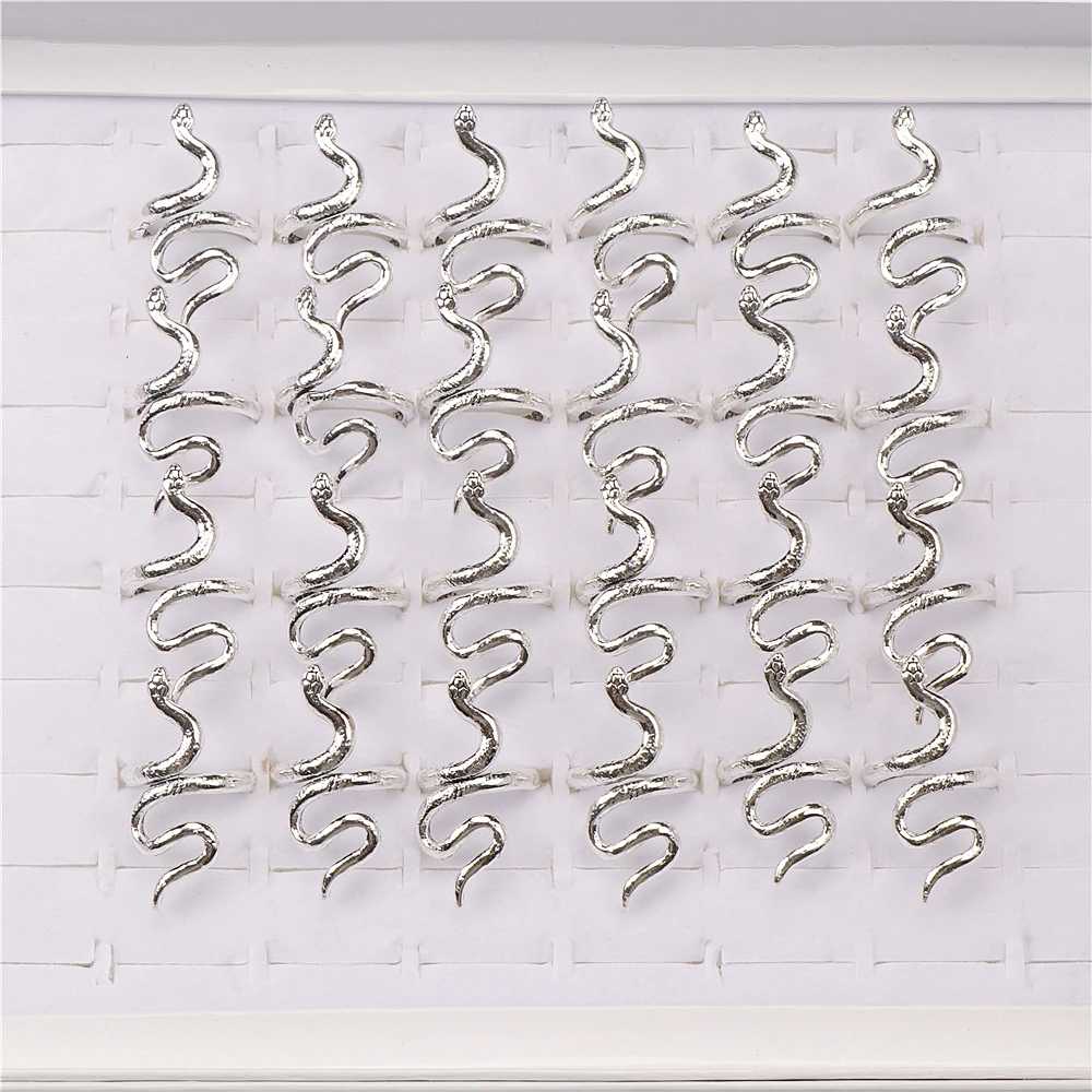 10pcs/lot Men Retro Punk Snake Rings For Women Antique Siver Color Opening Adjustable Jewelry Party Gifts