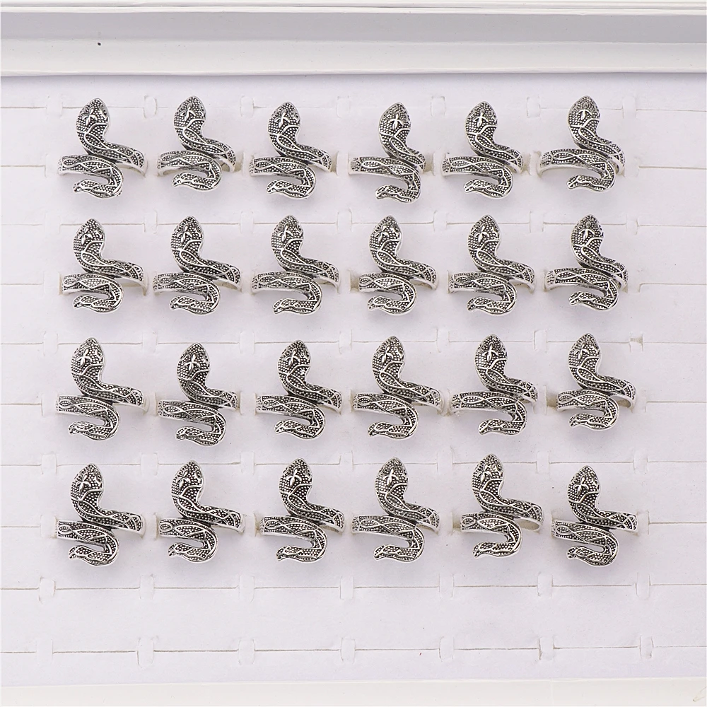 10pcs/lot Men Retro Punk Snake Rings For Women Antique Siver Color Opening Adjustable Jewelry Party Gifts