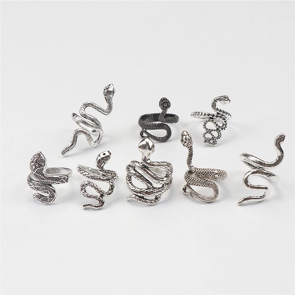10pcs/lot Men Retro Punk Snake Rings For Women Antique Siver Color Opening Adjustable Jewelry Party Gifts