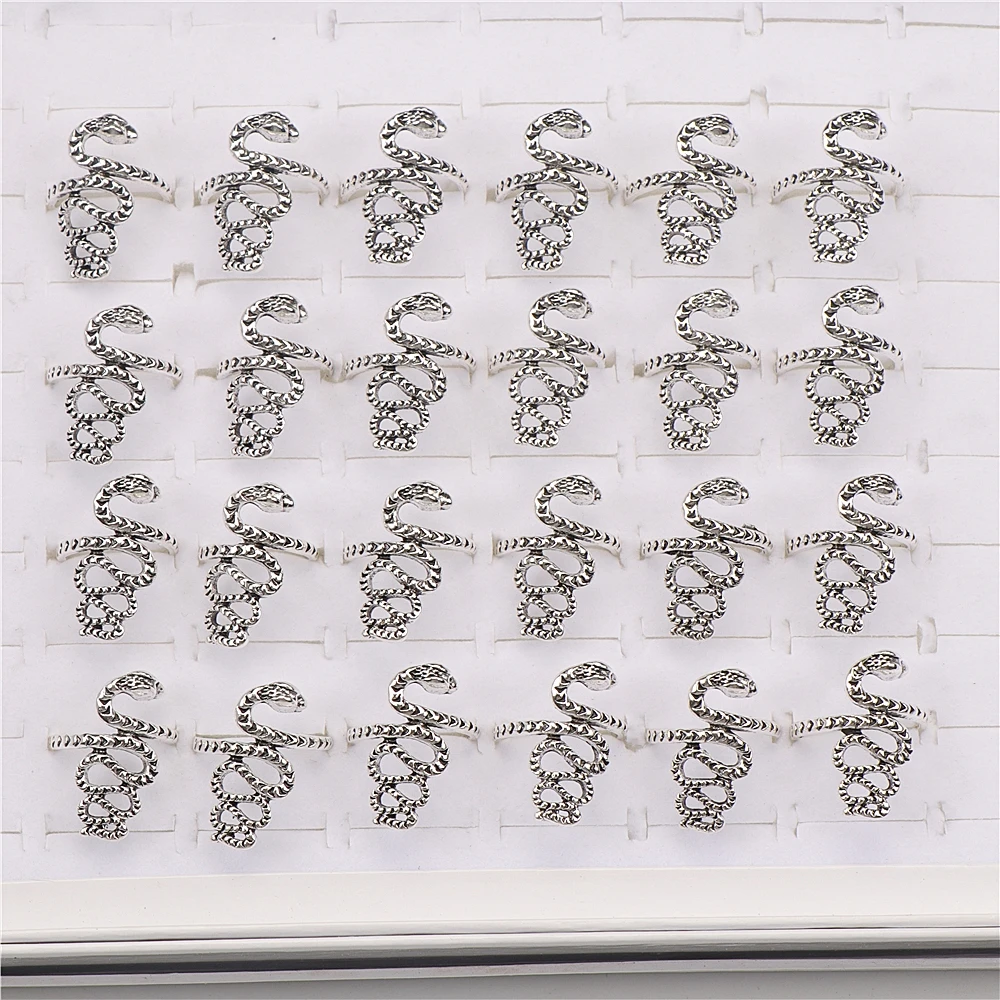 10pcs/lot Men Retro Punk Snake Rings For Women Antique Siver Color Opening Adjustable Jewelry Party Gifts