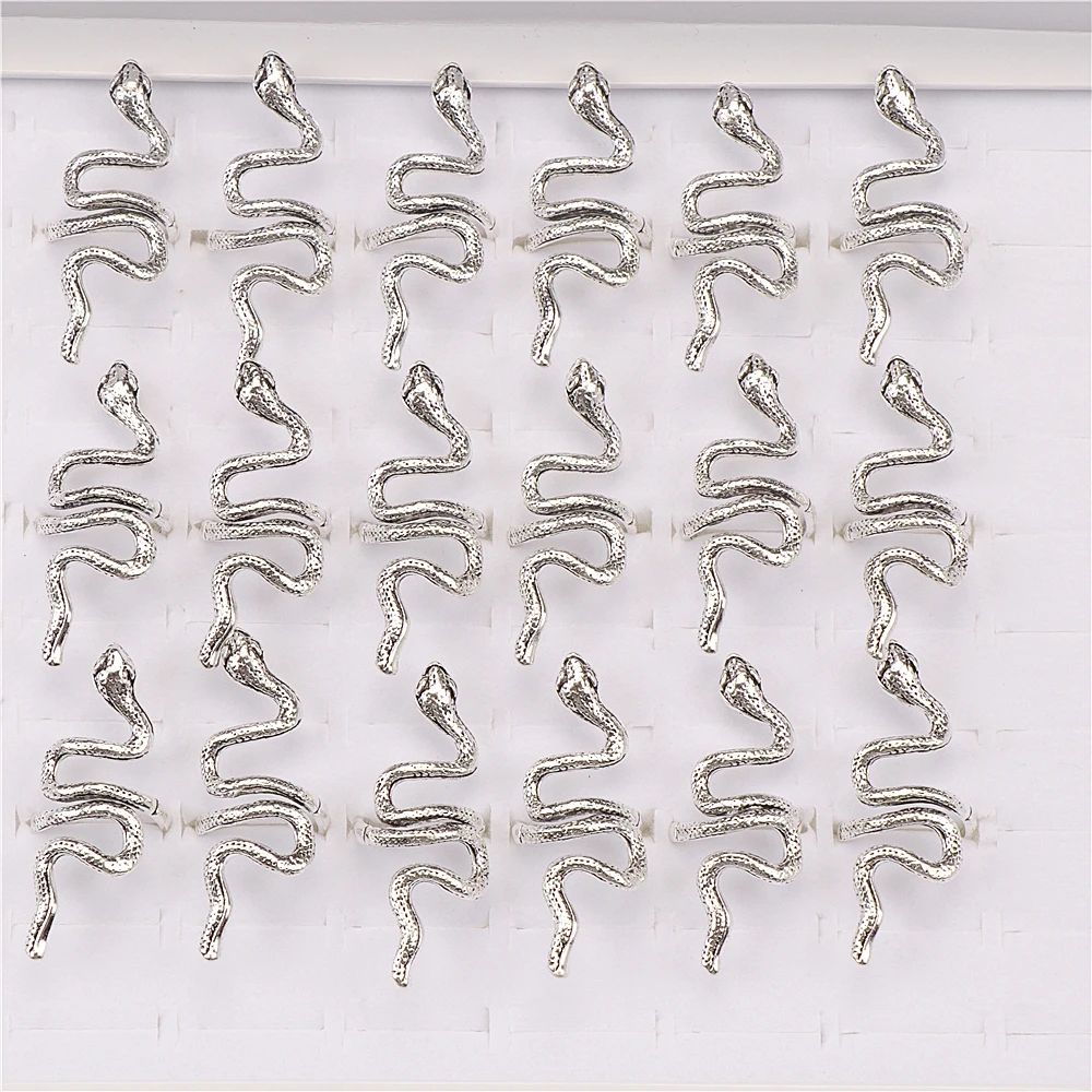 10pcs/lot Men Retro Punk Snake Rings For Women Antique Siver Color Opening Adjustable Jewelry Party Gifts