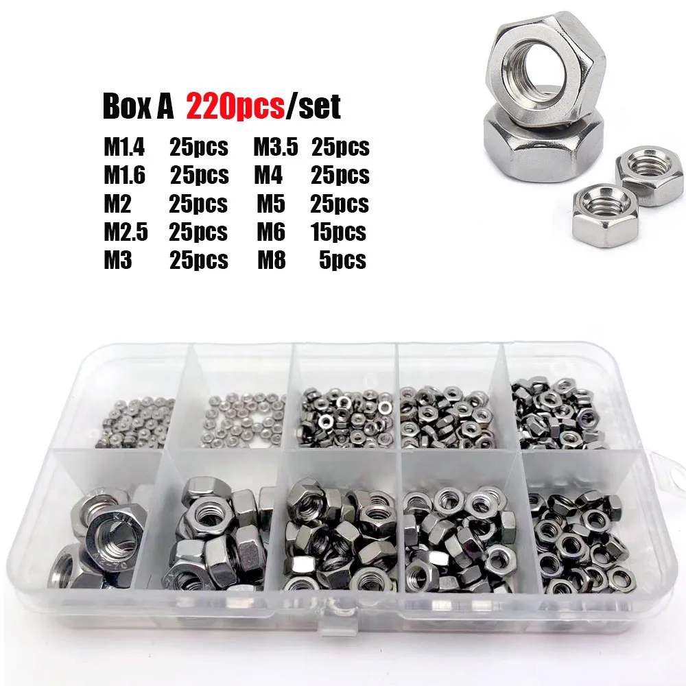 220/294pcs M1 M1.2 M1.4 M1.6 M2 M2.5 M3 M3.5 M4 M5 M6 M8 M10M12M16 304 Stainless Steel DIN934 Hex Hexagon Nut Set Assortment Box