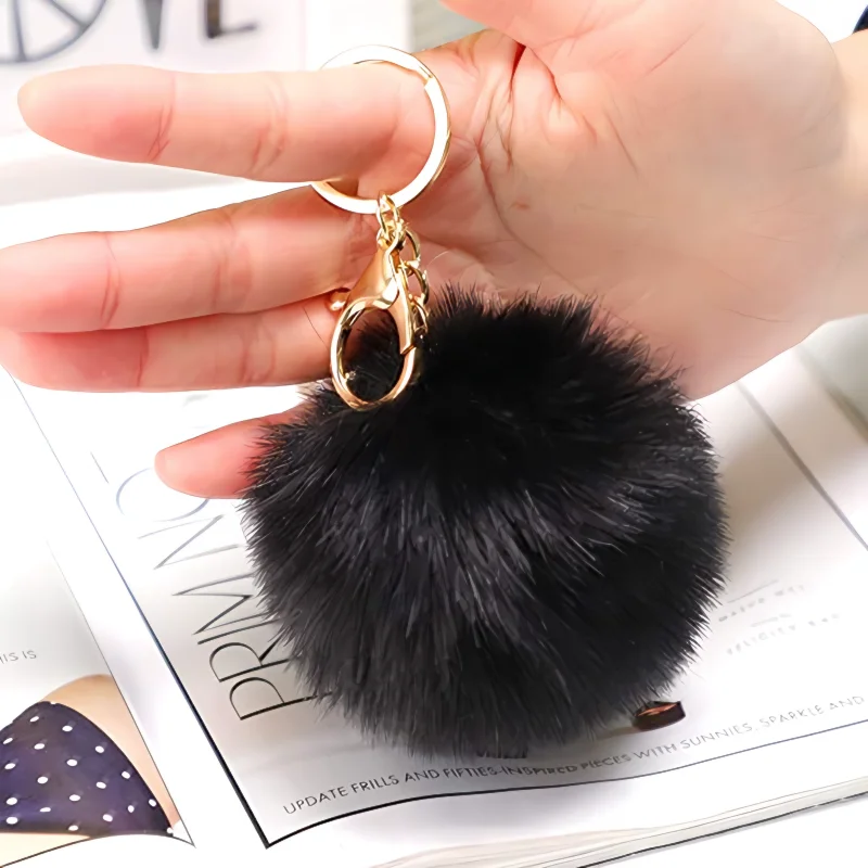 Cute Black Pompoms Ball Keychain Women Faux Rabbit Fur Car Key Chains Fluffy DIY Backpack Pendant Charms Gift Jewelry Accessorie