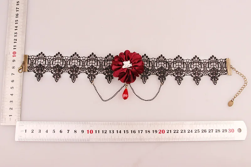 Gothic Lolita Black Lace Short Chain Choker Sexy Tassels Necklace Hollow Out Big Rose Flower Punk Handmade Wedding Jewelry Gift