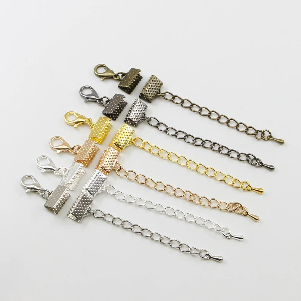 10pcs/lot Lobster Clasp Connectors Ribbon Leather Cord End Fastener Clasps With Chains For Bracelet DIY Jewelry Making Wholesale