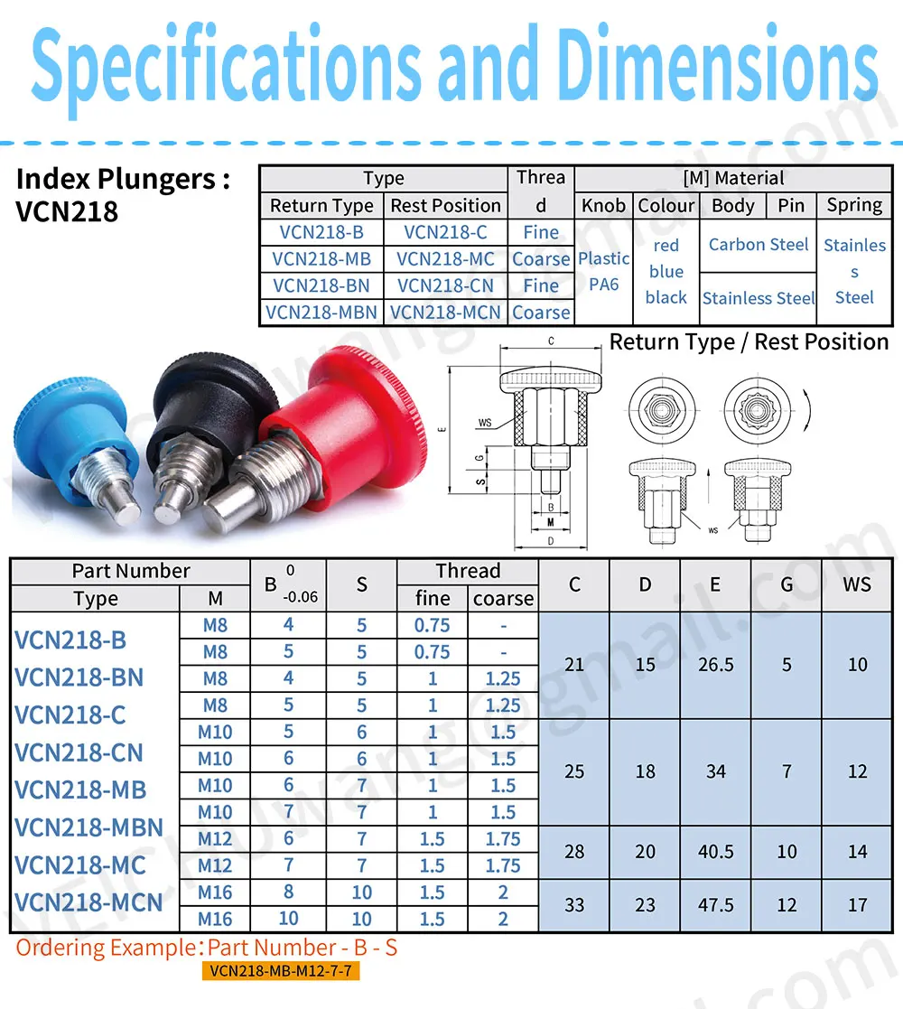 VCN218 Stainless Steel Dowel Black Knob Non Lock-Out Index Plungers Fine/Coarse Thread Mini Indexing Plunger