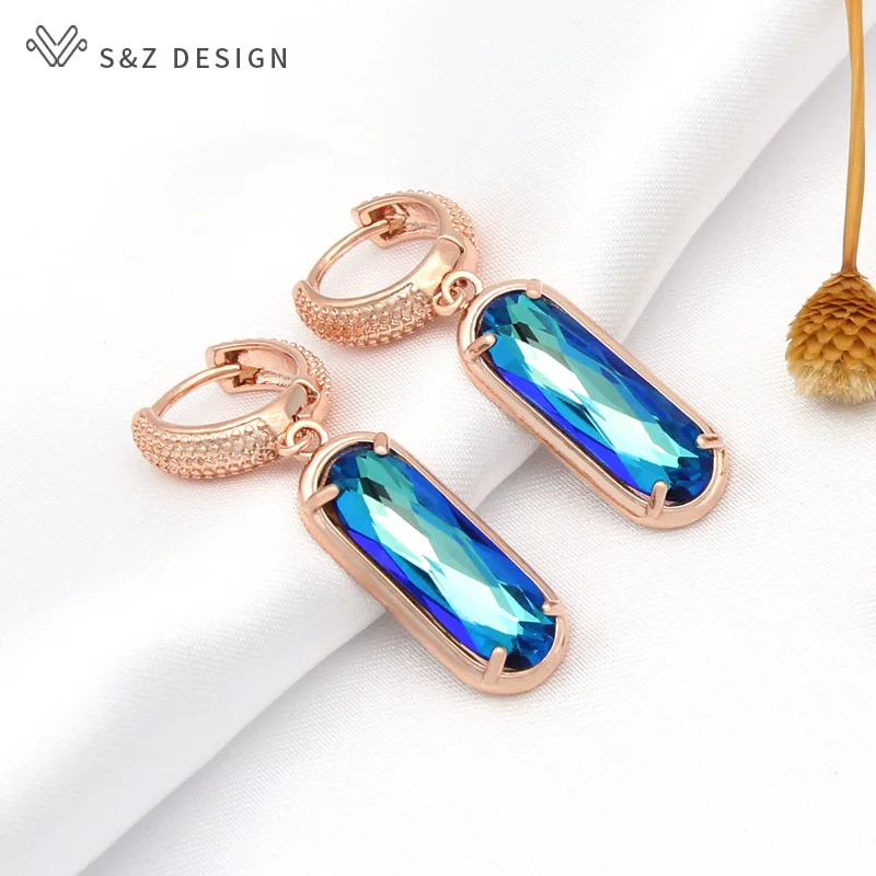 S&Z DESIGN New Luxury Oval Egg Shape Crystal Dangle Earrings For Women Wedding Elegant Party Jewelry 585 Rose Gold Color Gift