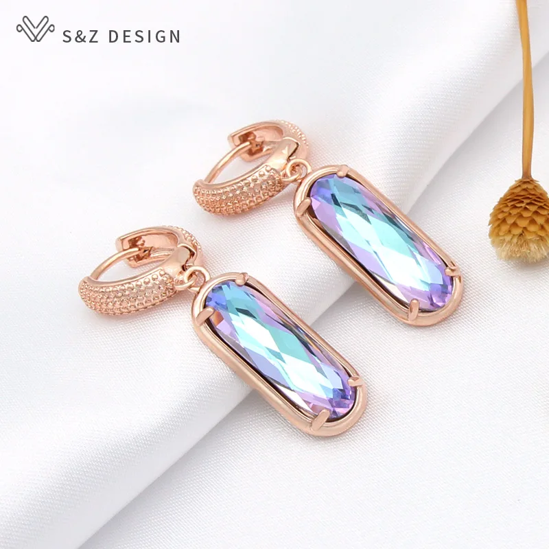 S&Z DESIGN New Luxury Oval Egg Shape Crystal Dangle Earrings For Women Wedding Elegant Party Jewelry 585 Rose Gold Color Gift