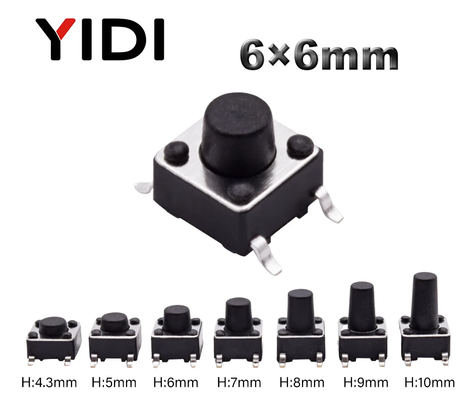 50pcs 6*6*4/5/6/7/8/9/10mm On Off Momentary SMD SMT Tactile Tact Micro Mini Push Button Switch 12V Black Electronic Power Reset