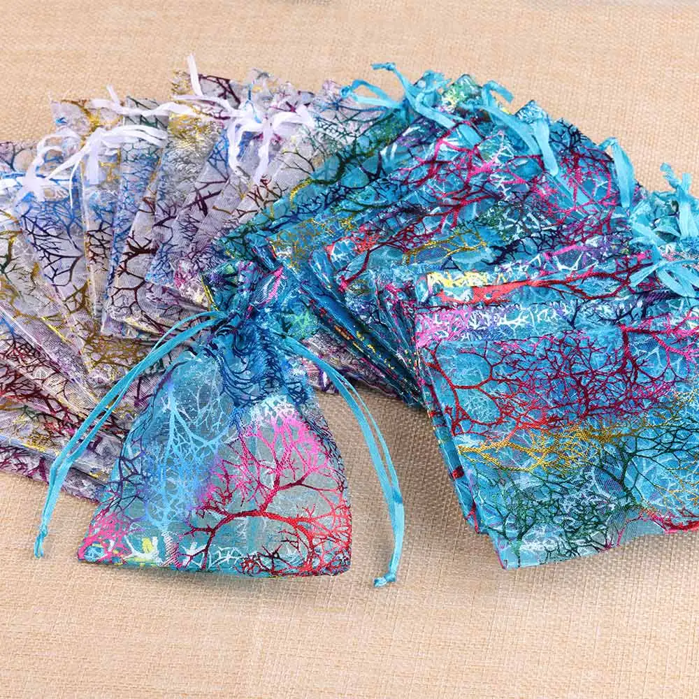 25pcs/50pcs Organza Gift Bags 7x9/9x12/10x15/13x18cm Jewelry Packaging Bags Wedding Present Drawable Tree Pattern Packing Bags
