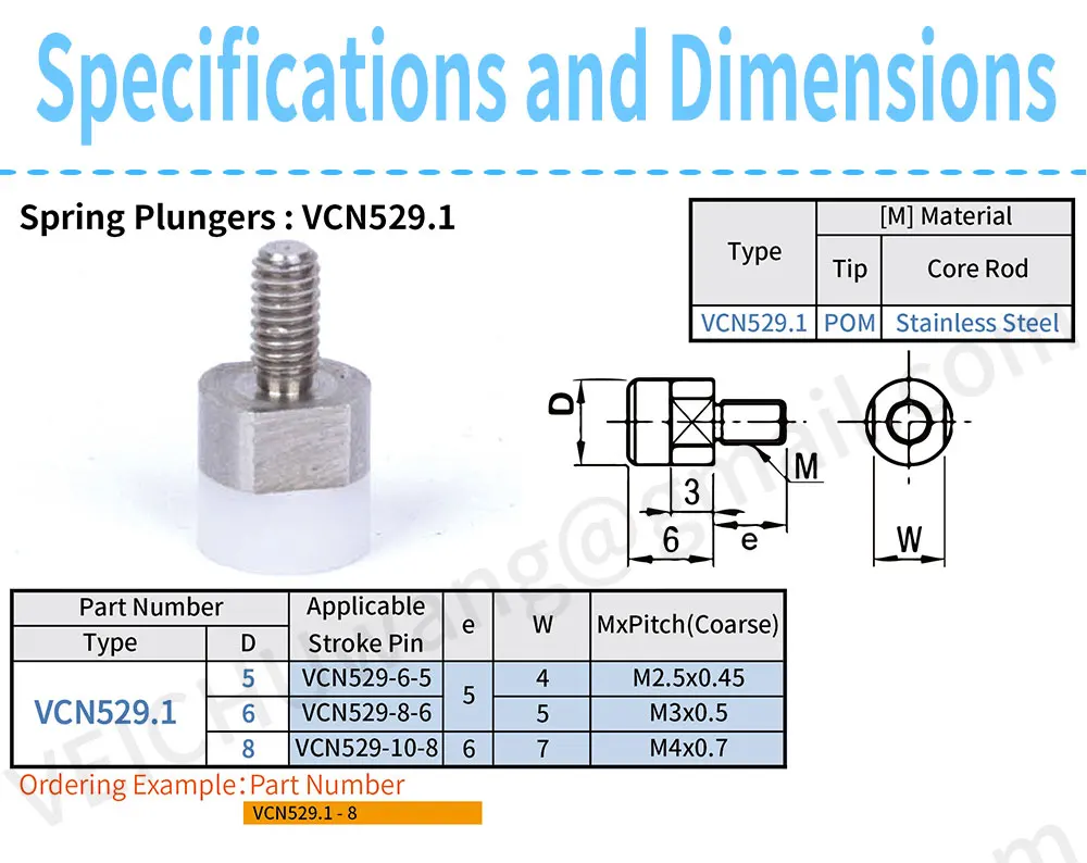 VEICHU Bush Built-In Plungers Specialized In Holding Spring Plungers POM Tip Stainless Steel Spring Pins Stroke Pin