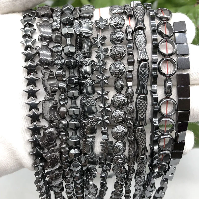 Black Natural Stone Loose Beads Rose Owl Fish Moon Hematite Spacer Bead for Jewelry Making DIY Bracelet Necklace Accessories 15"