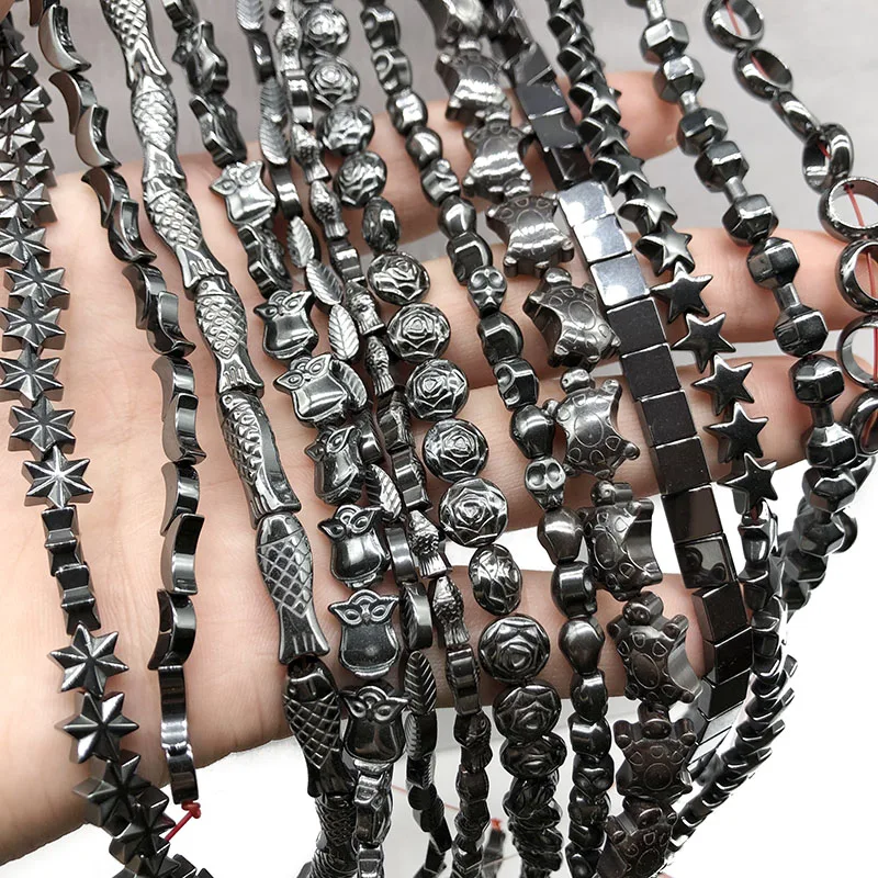 Black Natural Stone Loose Beads Rose Owl Fish Moon Hematite Spacer Bead for Jewelry Making DIY Bracelet Necklace Accessories 15"