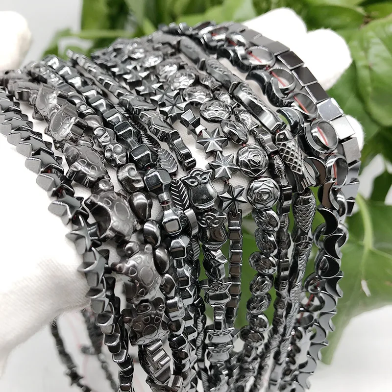 Black Natural Stone Loose Beads Rose Owl Fish Moon Hematite Spacer Bead for Jewelry Making DIY Bracelet Necklace Accessories 15"