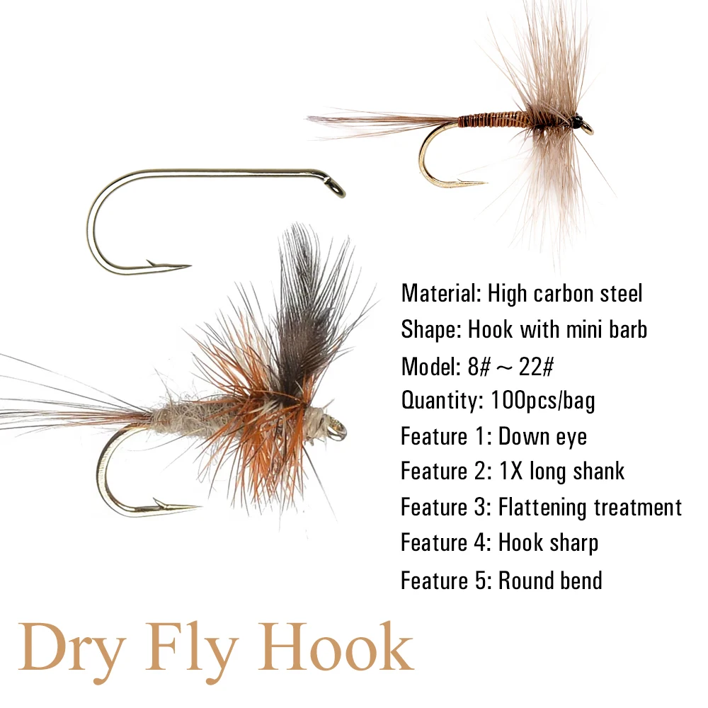 Vtwins 100PCS Long Shank Dry/Wet Nymph Fly Tying Hooks Caddis Mayfly Blue Olive Wing Fishhook Round Bend Trout Fishing Hooks