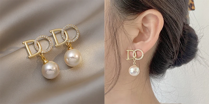 Luxury Zircon Pearl Drop Earrings For Women Girl 2022 Elegant Personality Shiny D Letter Earring Fashion Jewelry Wholesale