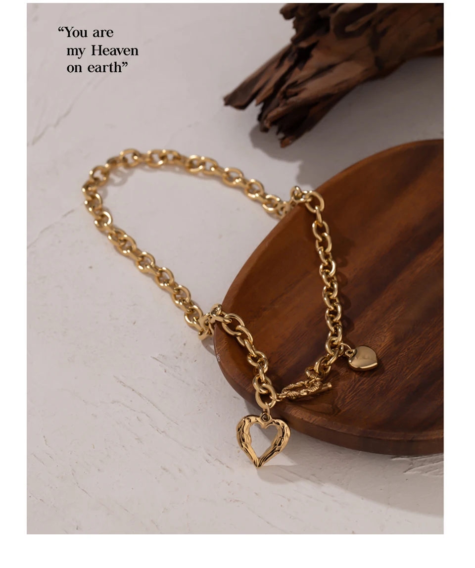 Yhpup Golden Stainless Steel Heart Collares Statement Metal Texture Geometric Chain Collar Necklace Women Anniversary Gift New
