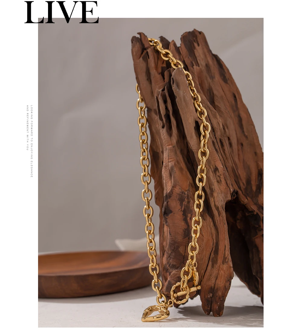 Yhpup Golden Stainless Steel Heart Collares Statement Metal Texture Geometric Chain Collar Necklace Women Anniversary Gift New