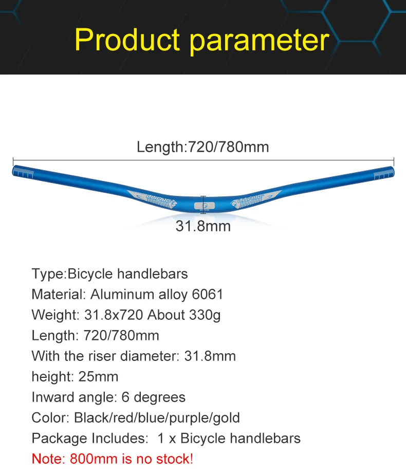 LUNJE-Aluminum Alloy Bicycle Handlebar, Mountain Bike Handlebar, Road Bike Straight Handlebar, 6 Degree, 31.8x720mm, 780mm