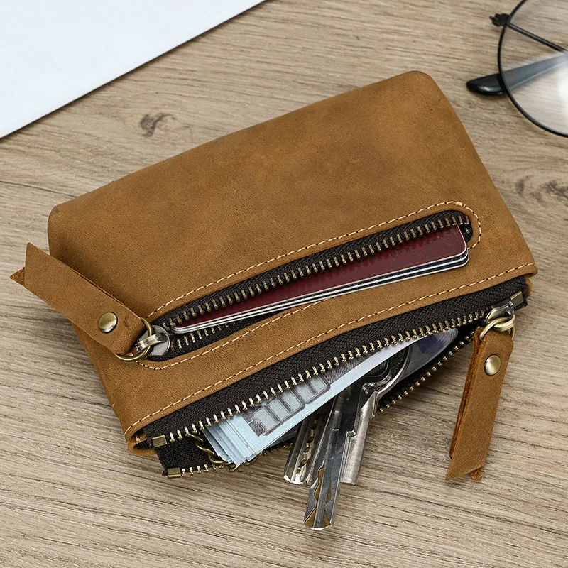 Luufan Genuine Leather Zipper Coin Wallet Men Wowen Natural Leather Small Short Purse Card Holder Cash Clutch Wallets Key Ring