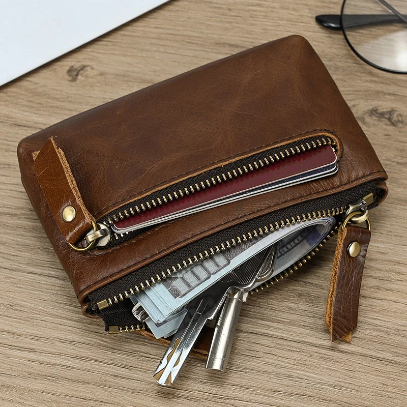 Luufan Genuine Leather Zipper Coin Wallet Men Wowen Natural Leather Small Short Purse Card Holder Cash Clutch Wallets Key Ring
