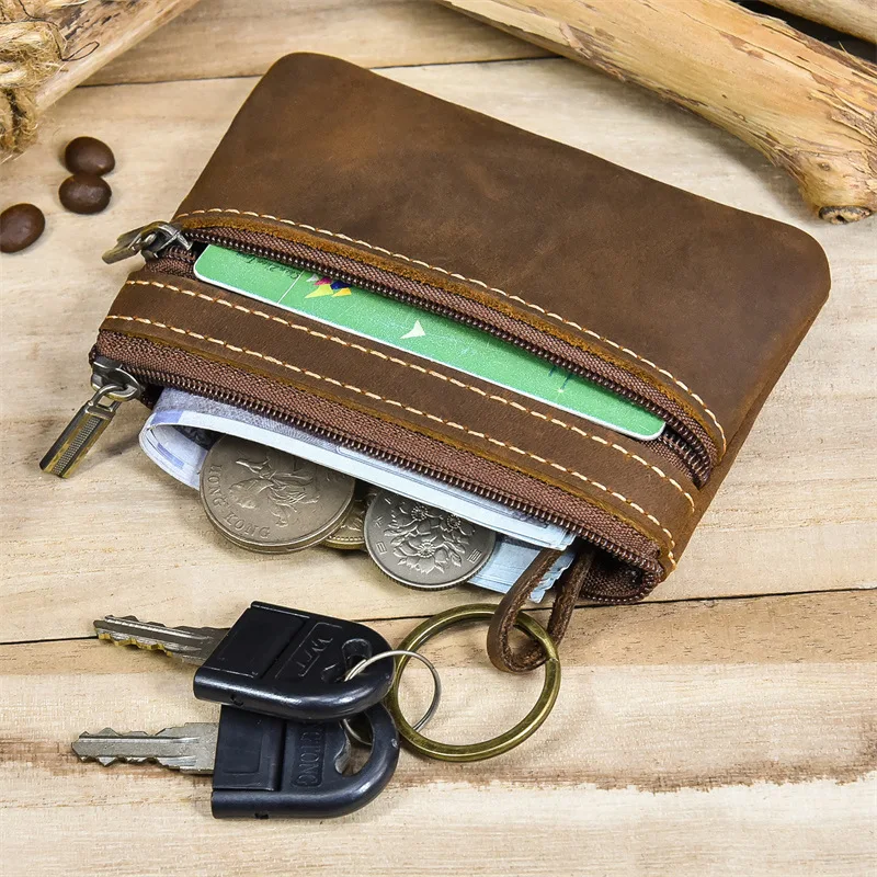Luufan Genuine Leather Zipper Coin Wallet Men Wowen Natural Leather Small Short Purse Card Holder Cash Clutch Wallets Key Ring