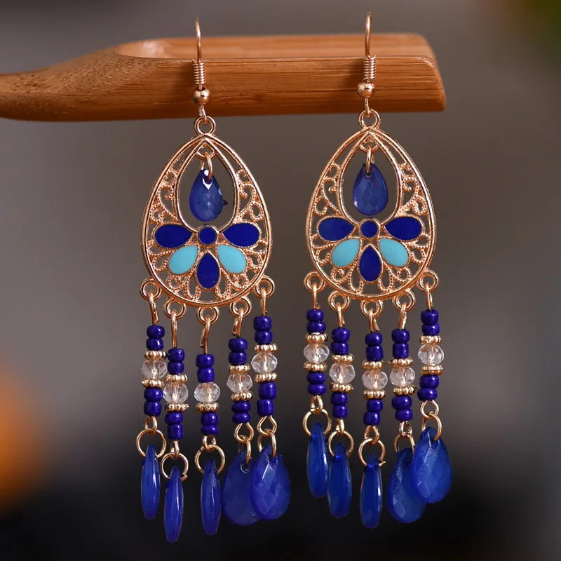 Bohemian Antique Gold Color Long Water Drop Tassel Earrings for Women Vintage Colorful Geometric Drop Dangle Earrings Jewelry