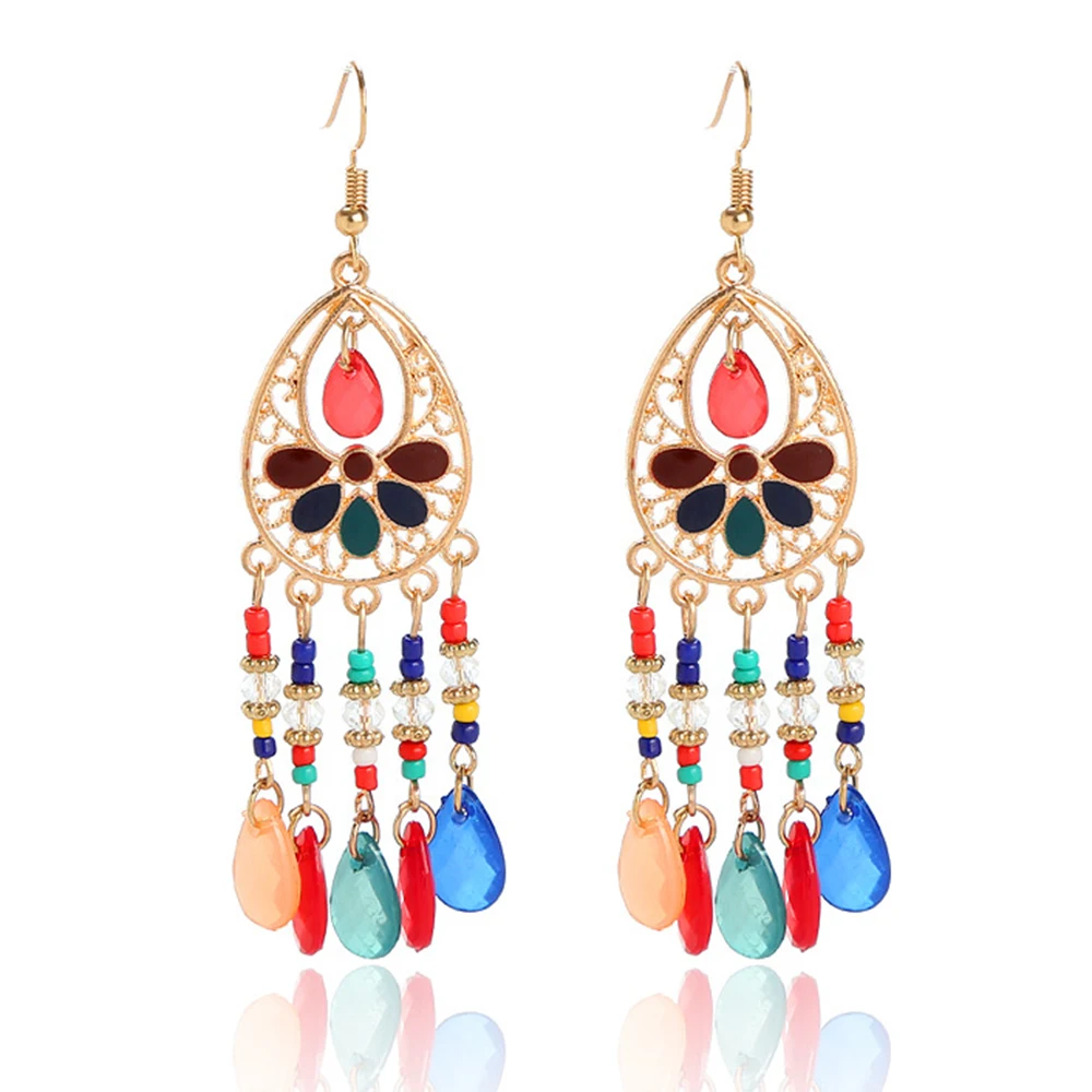 Bohemian Antique Gold Color Long Water Drop Tassel Earrings for Women Vintage Colorful Geometric Drop Dangle Earrings Jewelry