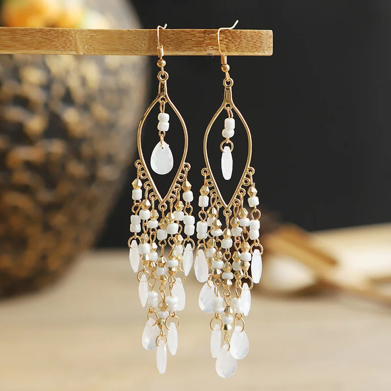 Bohemian Antique Gold Color Long Water Drop Tassel Earrings for Women Vintage Colorful Geometric Drop Dangle Earrings Jewelry