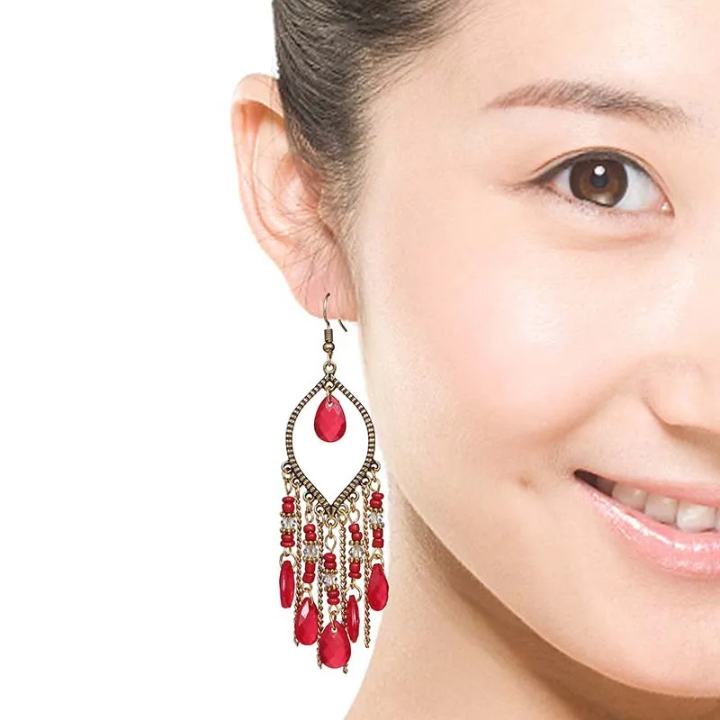 Bohemian Antique Gold Color Long Water Drop Tassel Earrings for Women Vintage Colorful Geometric Drop Dangle Earrings Jewelry