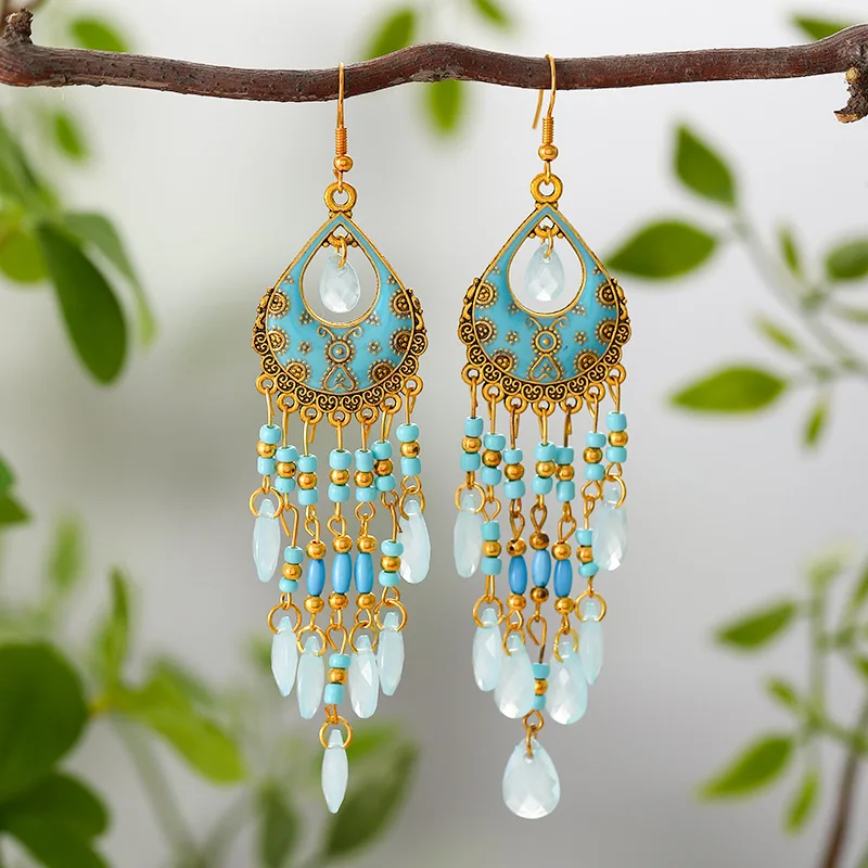 Bohemian Antique Gold Color Long Water Drop Tassel Earrings for Women Vintage Colorful Geometric Drop Dangle Earrings Jewelry