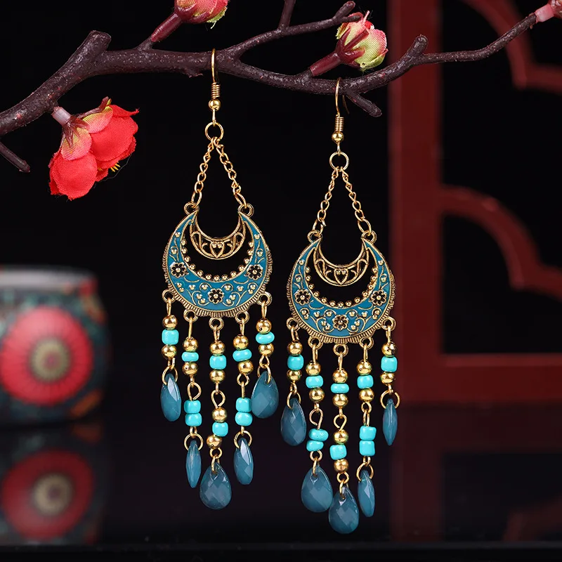 Bohemian Antique Gold Color Long Water Drop Tassel Earrings for Women Vintage Colorful Geometric Drop Dangle Earrings Jewelry