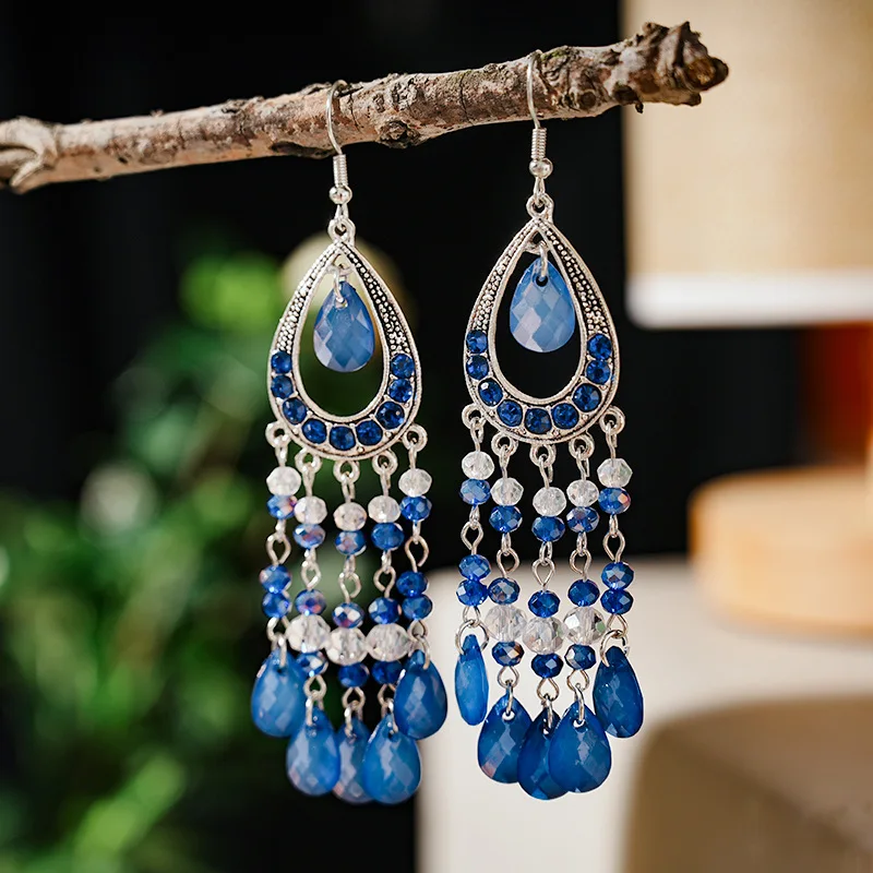Bohemian Antique Gold Color Long Water Drop Tassel Earrings for Women Vintage Colorful Geometric Drop Dangle Earrings Jewelry