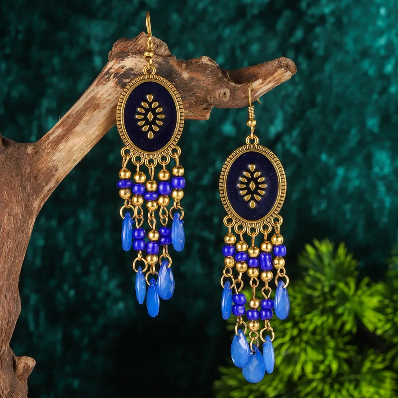 Bohemian Antique Gold Color Long Water Drop Tassel Earrings for Women Vintage Colorful Geometric Drop Dangle Earrings Jewelry